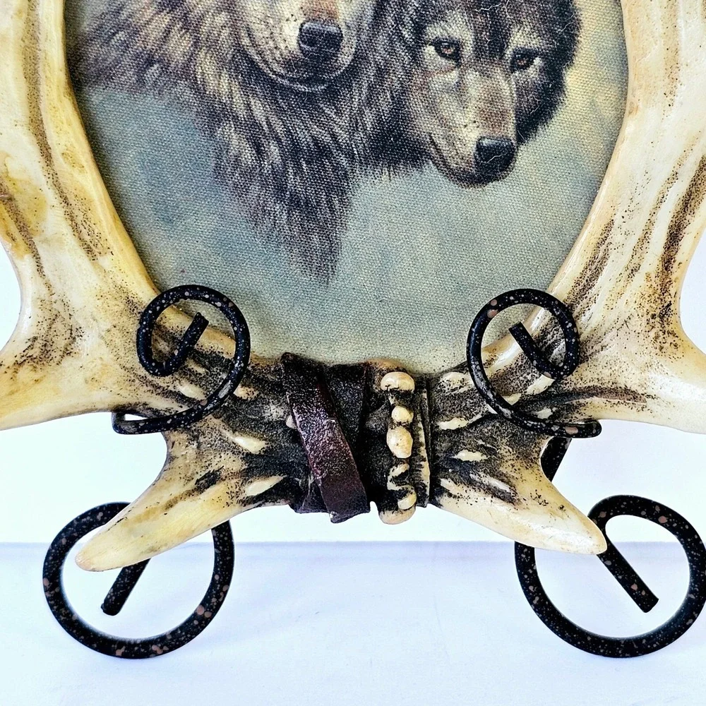 Rustic Western Wolf Antler Horn Photo Picture Frame Resin Leather Accents M537.1